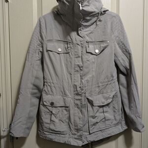 Gray Hooded Jacket with Quilted Sleeves